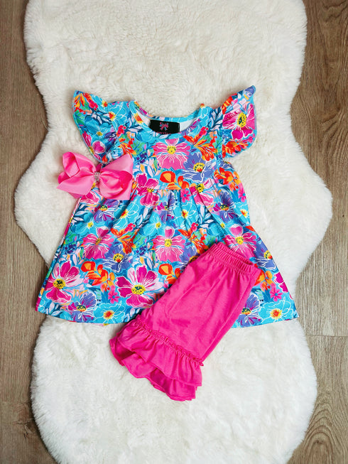 Peonies Floral Shorts Set with Matching Bow - Bowtism